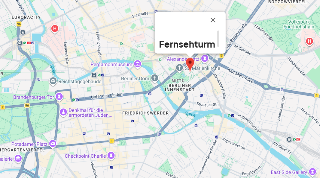 Dijital haritada Fernsehturm'un Berlin'deki lokasyonu.