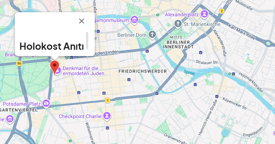 Dijital haritada Holokost Anıtı Berlin'deki lokasyonu.