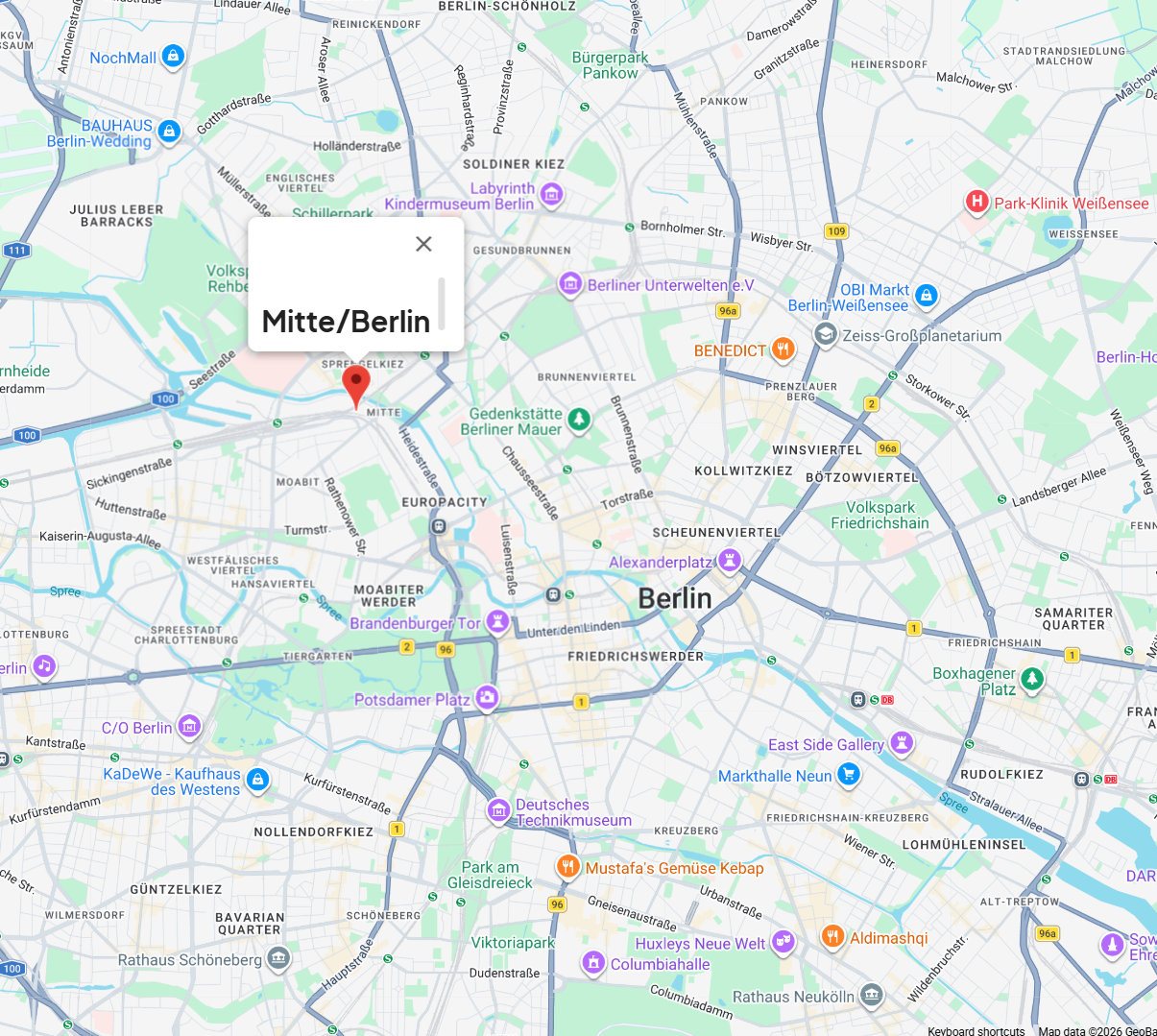 Dijital haritada Berlin'in Mitte semtinin lokasyonu görülmekte.