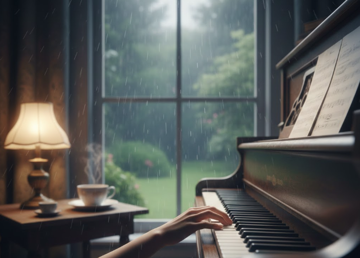 yağmur yağarken piyano çalan bir kadın. görselde kadının yalnızca piyano üzerinde eli gözüküyor.