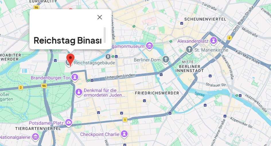 Dijital haritada Reichstag Berlin'deki lokasyonu.