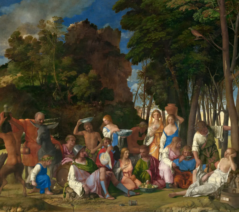 Antik dünyanın büyüsünü yansıtan bu tabloda, yunan tanrıları ve mitolojik varlıkların bir arada olduğu huzurlu bir ziyafet anı görülüyor. Zeytin ağaçlarının gölgesinde geçen bu sahne, yunan mitolojisi hikâyelerinin insan doğasıyla ne kadar iç içe olduğunu temsil eden klasik bir sanat eseridir.