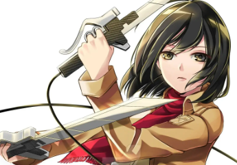 Kılıçlarını çapraz şekilde tutan, kısa siyah saçlı ve kırmızı atkılı güçlü kadın anime karakteri aksiyon pozunda.