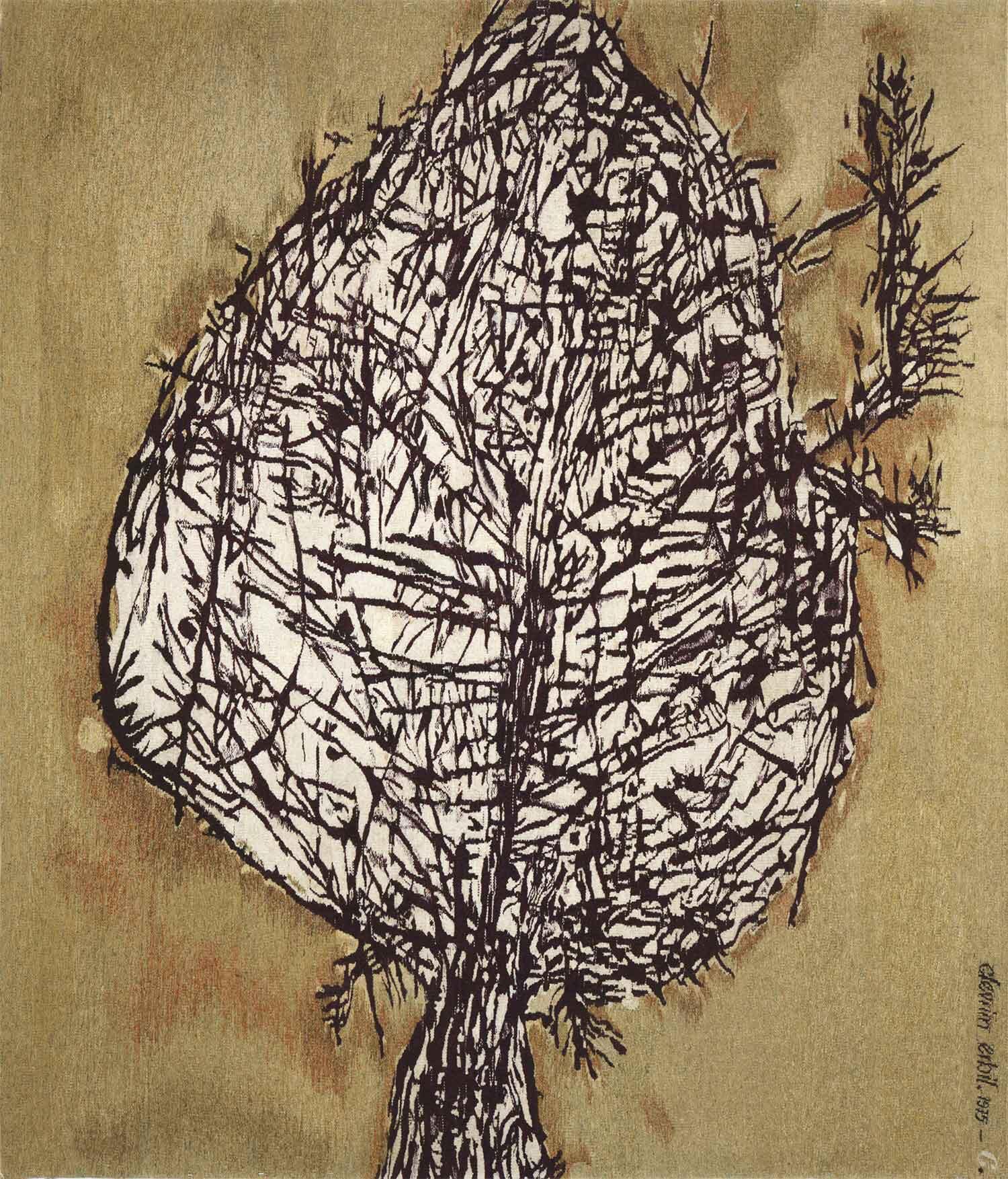 Devrim Erbil'in bej bir fon üzerine siyah, hırçın ve ritmik dikey-yatay çizgilerle soyut bir ağaç formunu resmettiği, doğanın dokusunu ve titreşimini ön plana çıkaran tablosu.