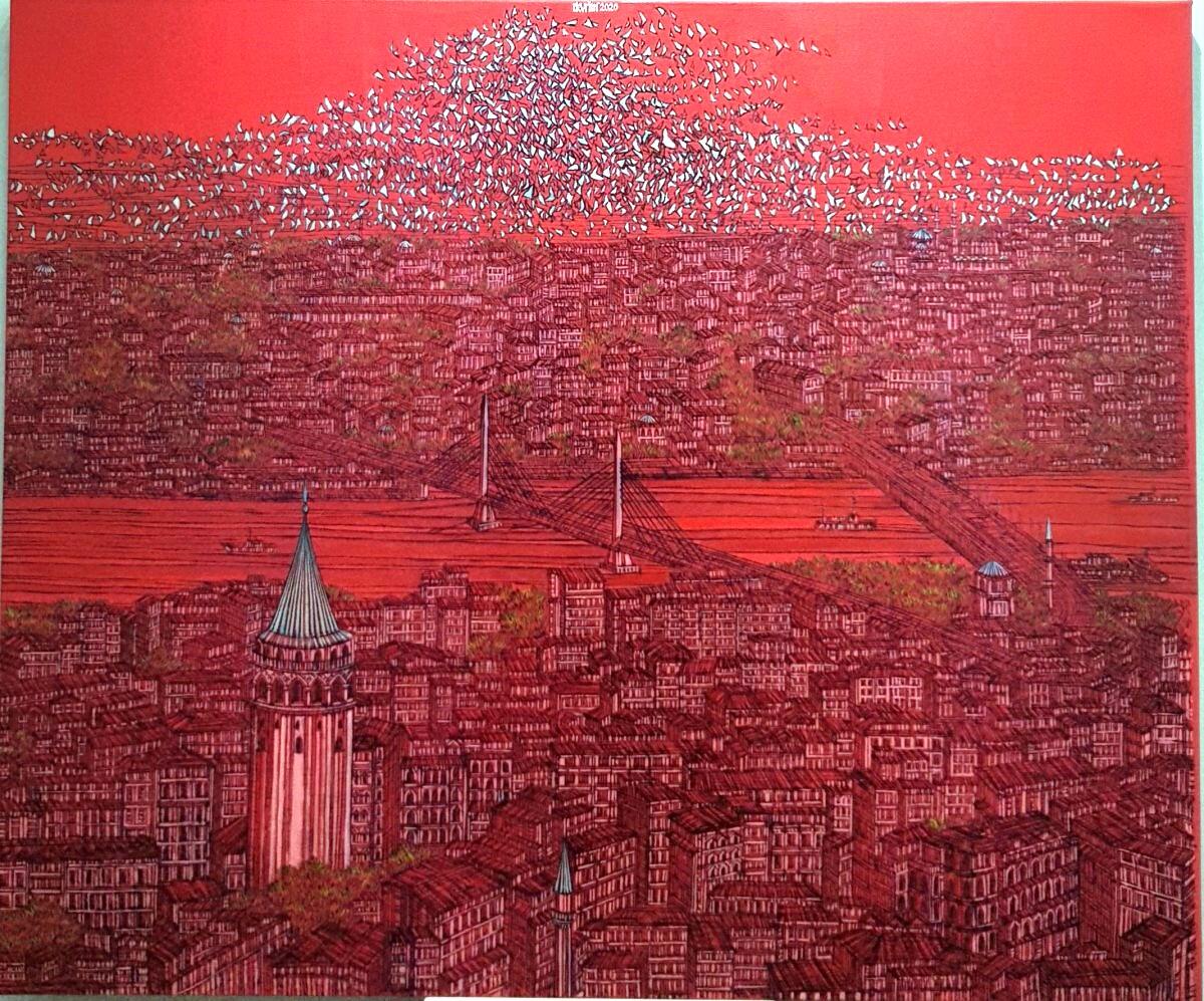 Devrim Erbil'in yoğun kırmızı tonlar hakimiyetinde, Galata Kulesi ve İstanbul silüetini kuş bakışı resmettiği, gökyüzünde beyaz martı sürüsünün parladığı ikonik tablosu.
