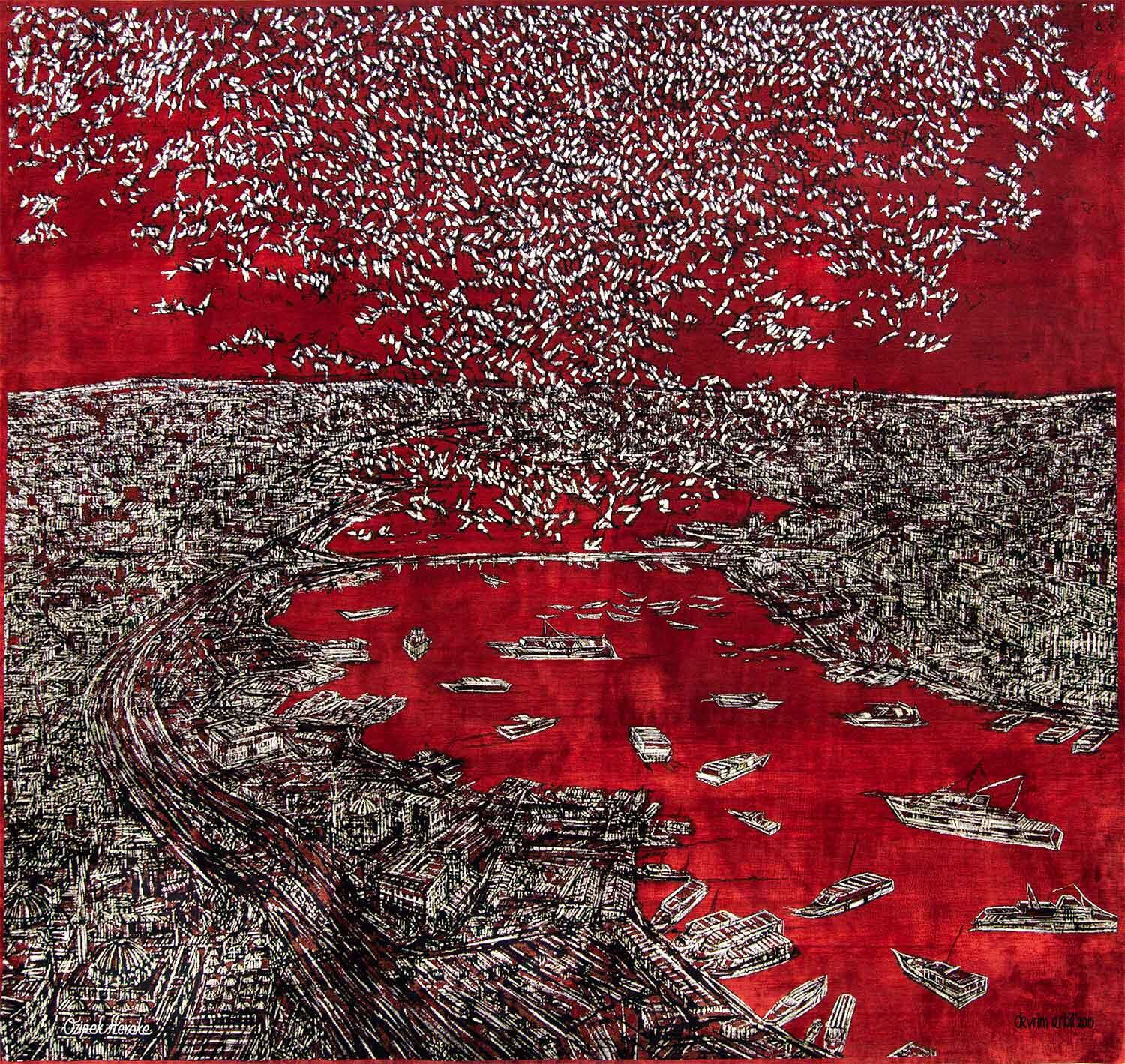 evrim Erbil'in yağlı boya tablolarını, el dokuması tapestry eserlerini ve vitray tasarımlarını bir araya getiren; çizgisel ritim, yoğun tekstür ve İstanbul silüetlerinin ortak paydada buluştuğu kapsamlı sanat portfolyosu kolajı.