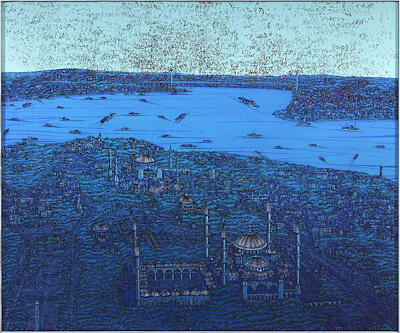 Devrim Erbil'in Tarihi Yarımada ve Sultanahmet Camii'ni merkezine alan, Boğaz'ın ve Haliç'in kıvrımlarını kuş bakışı ve yoğun mavi tonlarla resmettiği, çizgisel detaylarla örülü geniş perspektifli İstanbul tablosu.