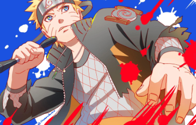 Turuncu saçlı anime ninja karakteri dinamik bir sahnede kunai tutarken, arka planda mavi fon ve kırmızı efektler.