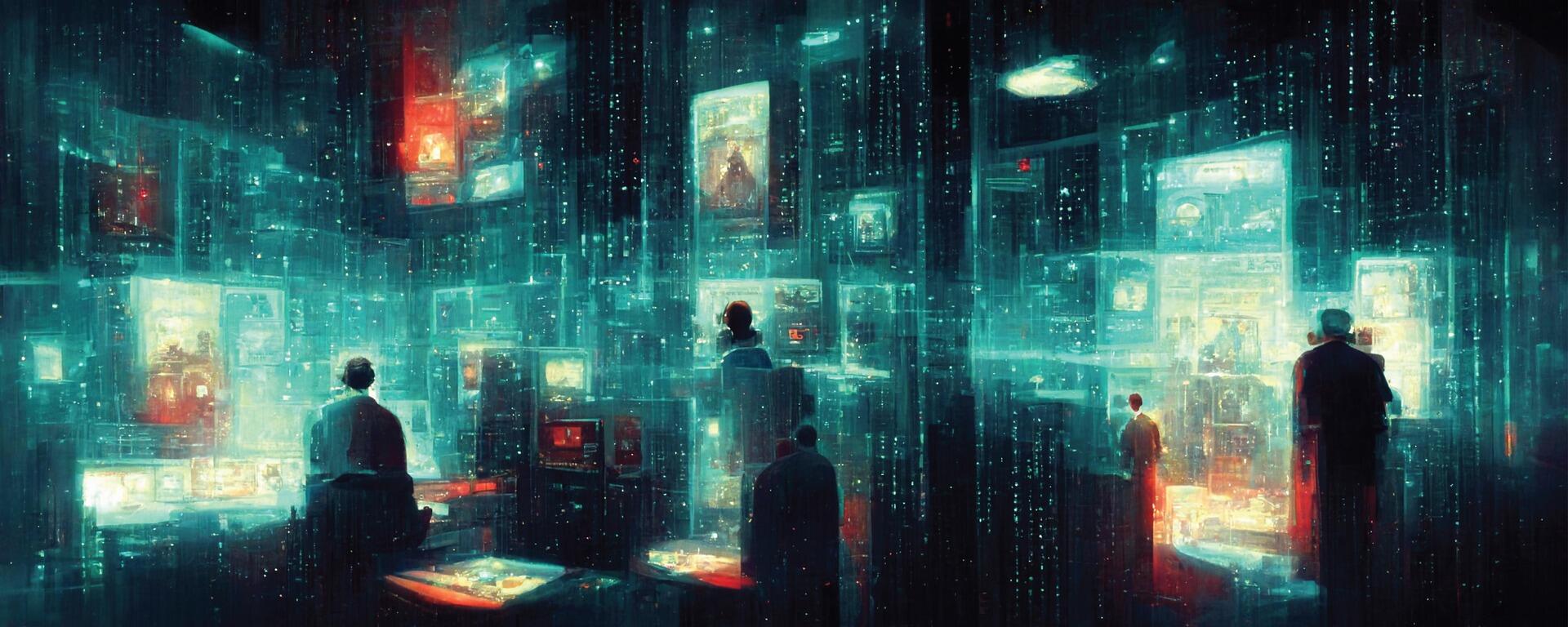 Kodlama temalı futuristik bir dijital ortamda, neon ışıklar arasında çok sayıda ekrana bakan insanlar; yazılım dünyasını ve programlama seviyesini simgeleyen soyut bir sahne.