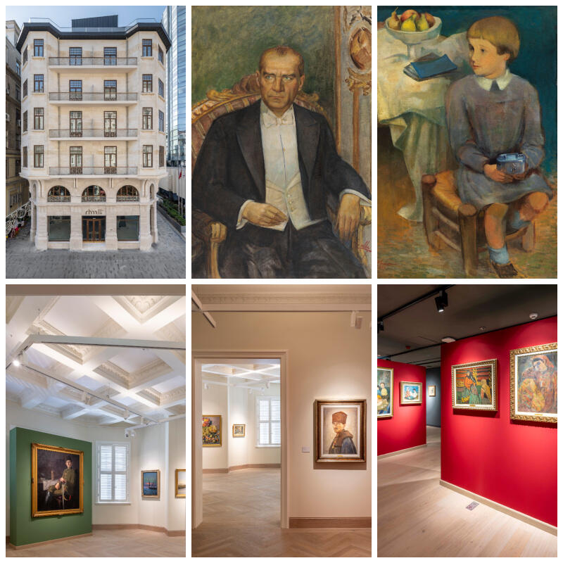 İstanbul Resim ve Heykel Müzesi sergi salonunda duvarlarda asılı ünlü Türk ressamlara ait tablolar ve müze binasının dış cephesinden görünümler.