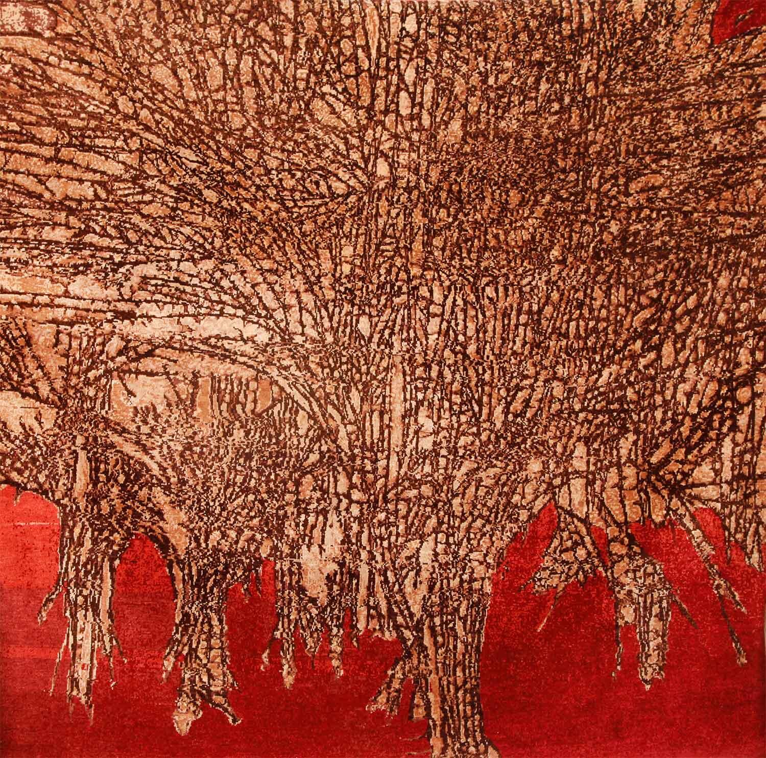 Devrim Erbil’in hırçın bir kırmızı zemin üzerinde, toprak tonlarında ipliklerle devasa bir ağaç formunu ve karmaşık dikey-yatay dokuları resmettiği, geleneksel ile moderni buluşturan büyük boyutlu bir tapestry (dokuma) eseri.