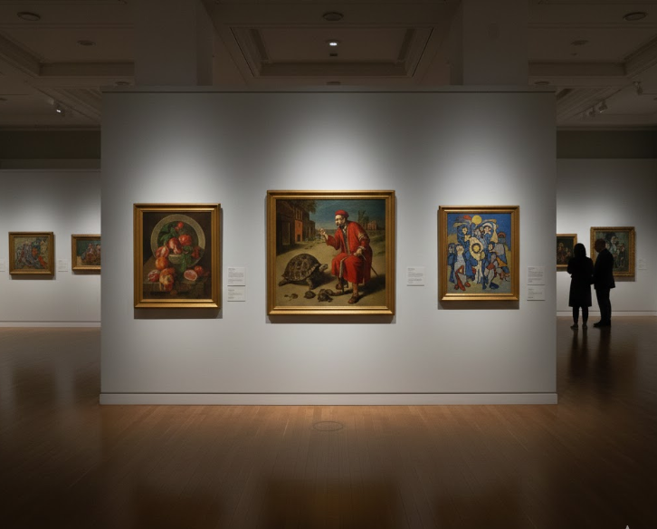 Bir sanat galerisi duvarında yan yana sergilenen Şeker Ahmet Paşa'nın natürmortu, Osman Hamdi Bey'in Kaplumbağa Terbiyecisi eseri ve Bedri Rahmi Eyüboğlu tarzında modern bir tablo; müze ortamında izleyicilerle birlikte.