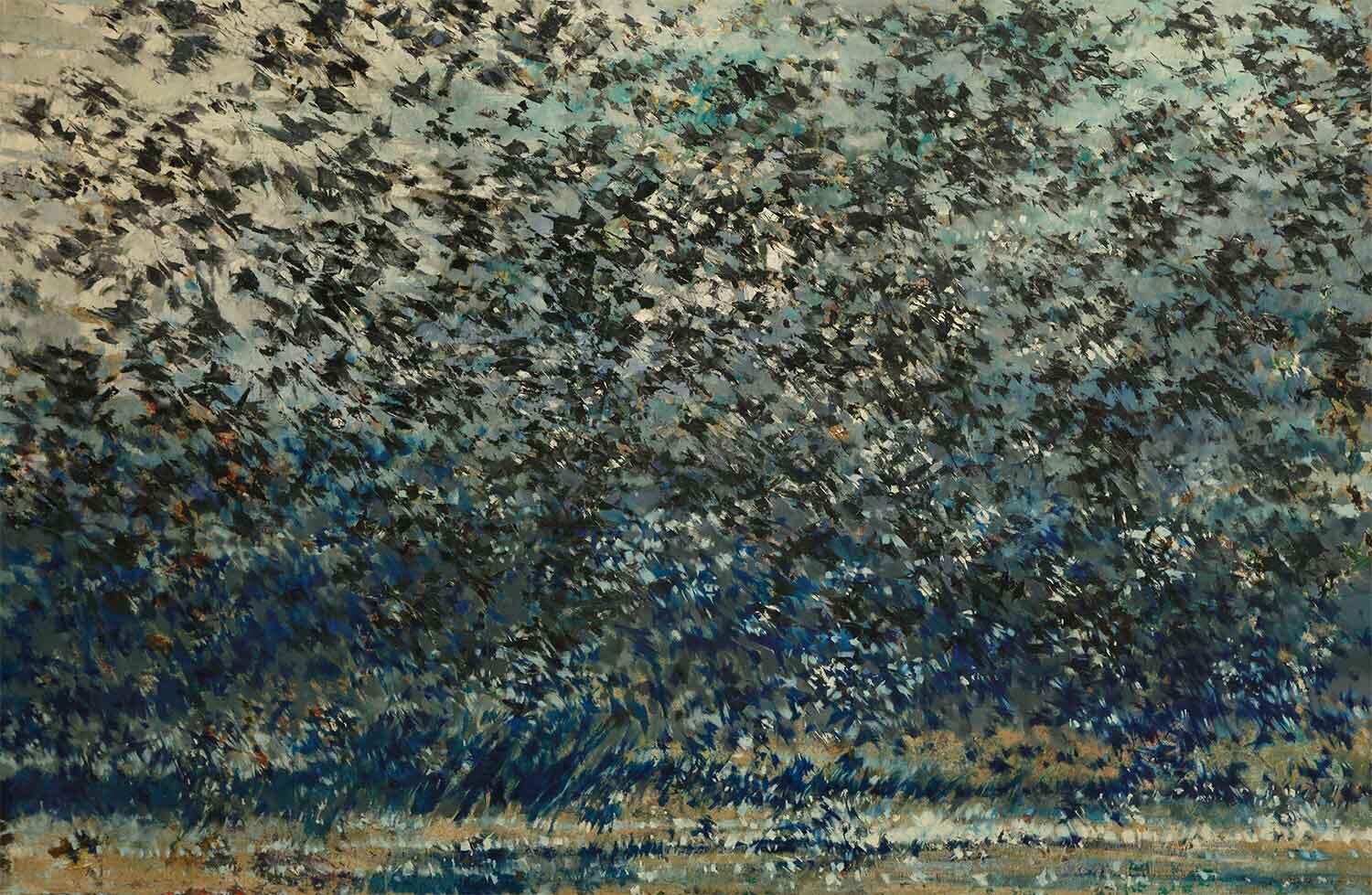 Devrim Erbil'in yağlı boya tekniğiyle hazırladığı, gri, mavi ve beyaz tonların hakim olduğu, binlerce martının gökyüzündeki kaotik ve ritmik uçuşunu yoğun fırça darbeleriyle yansıtan soyut-ekspresyonist tablosu.