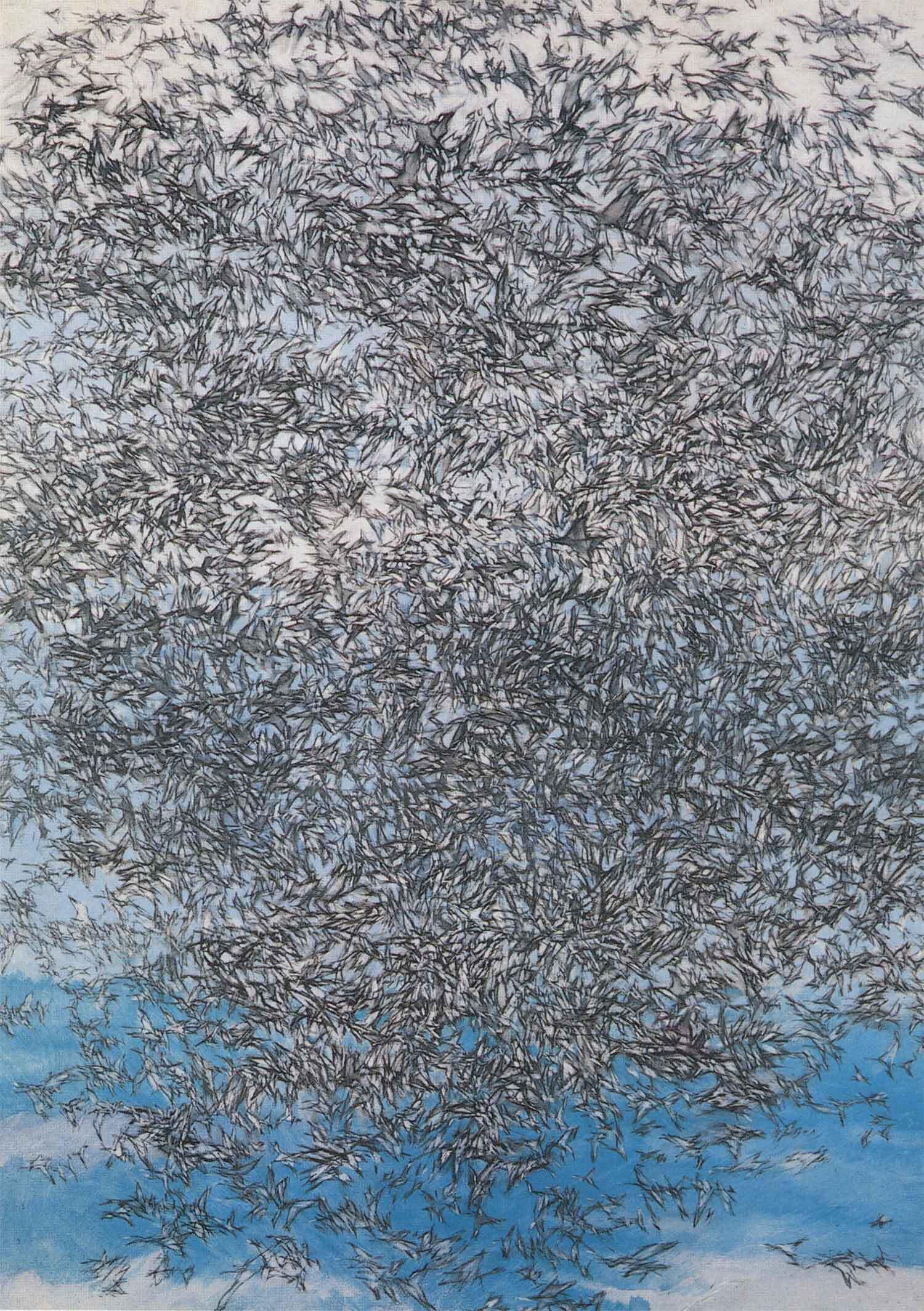 Devrim Erbil’in yağlı boya tekniğiyle, beyaz ve açık mavi bir gökyüzü zemininde binlerce martının kaotik ve çizgisel uçuşunu resmettiği, dikey kompozisyonlu ve yüksek enerjili soyut çalışması.