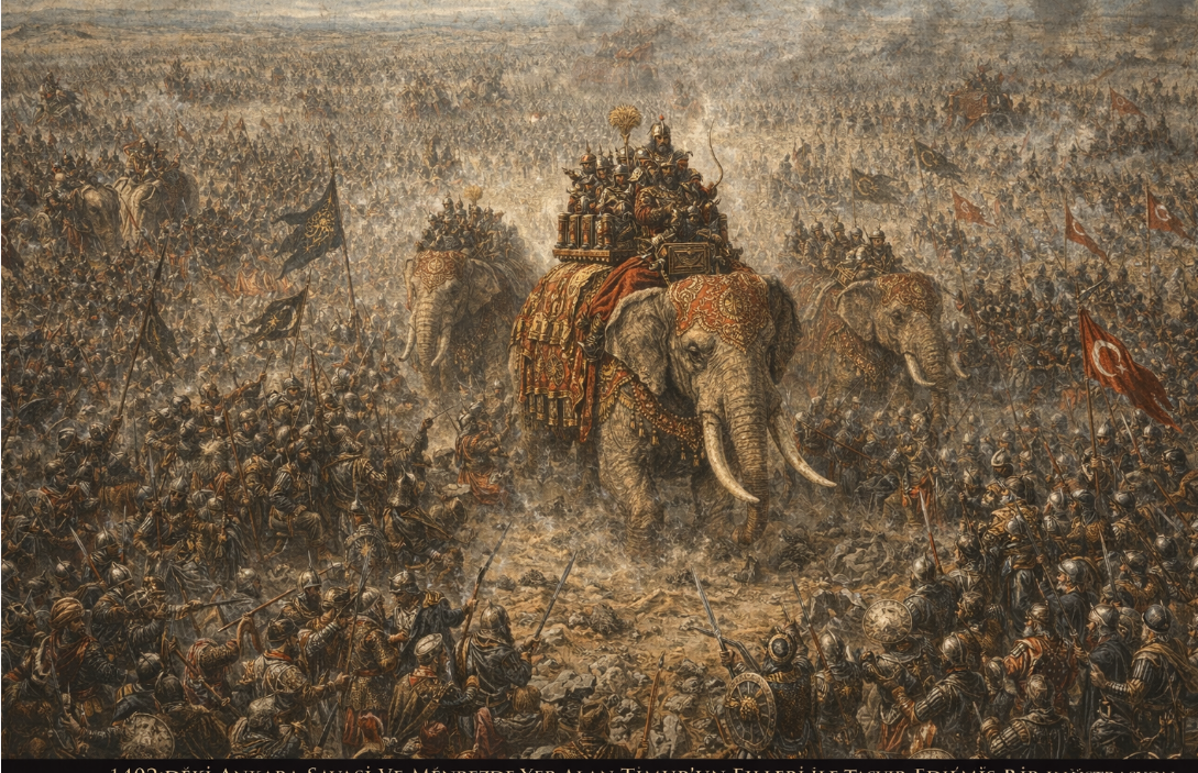 1402 Ankara Savaşı’nı tepeden gösteren, merkezde Timur’un savaş fillerinin Osmanlı ordusuna doğru ilerlediği tarihsel savaş illüstrasyonu.