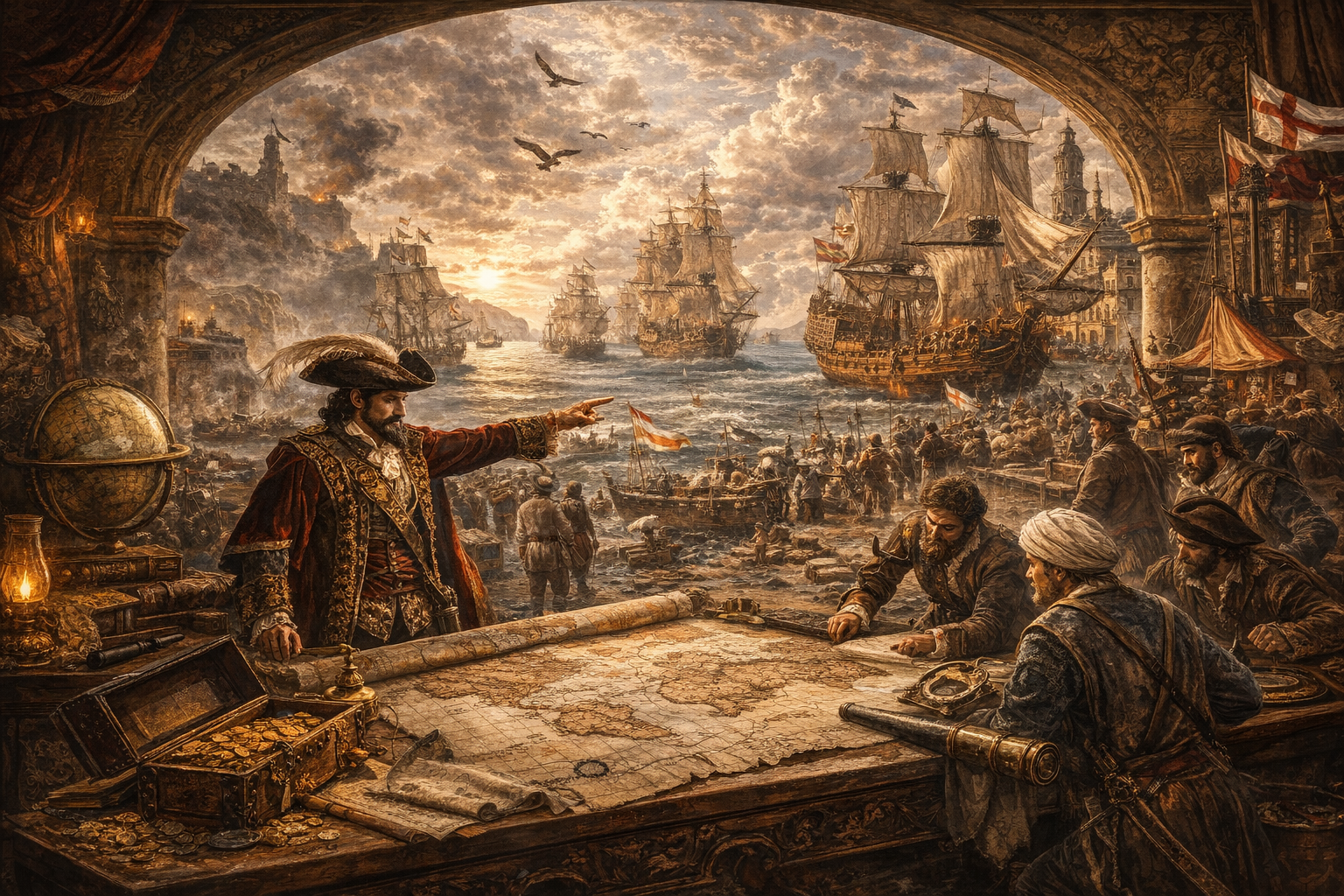 Avrupa’daki Coğrafi Keşifler dönemini tasvir eden, haritalar üzerinde çalışan kaşifler ve limandan yeni dünyalara doğru yola çıkan büyük yelkenli gemileri gösteren tarihsel illüstrasyon.