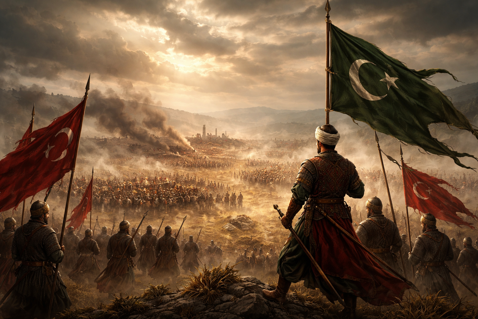 Osmanlı askeri tarihi içinde öne çıkan büyük savaşları simgeleyen, sancaklar ve geniş savaş ovasıyla hazırlanmış tarihî kapak görseli.