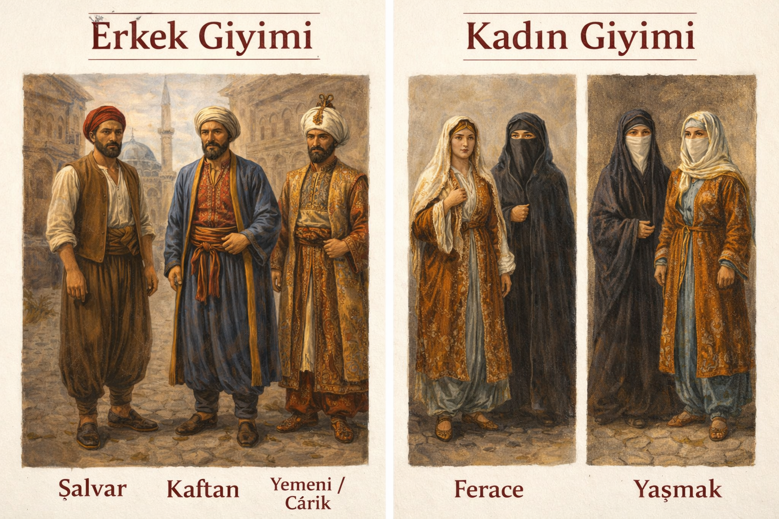 Osmanlı'da erkek giyimi ve kadın giyimi arasındaki farkları gösteren bir tasvir