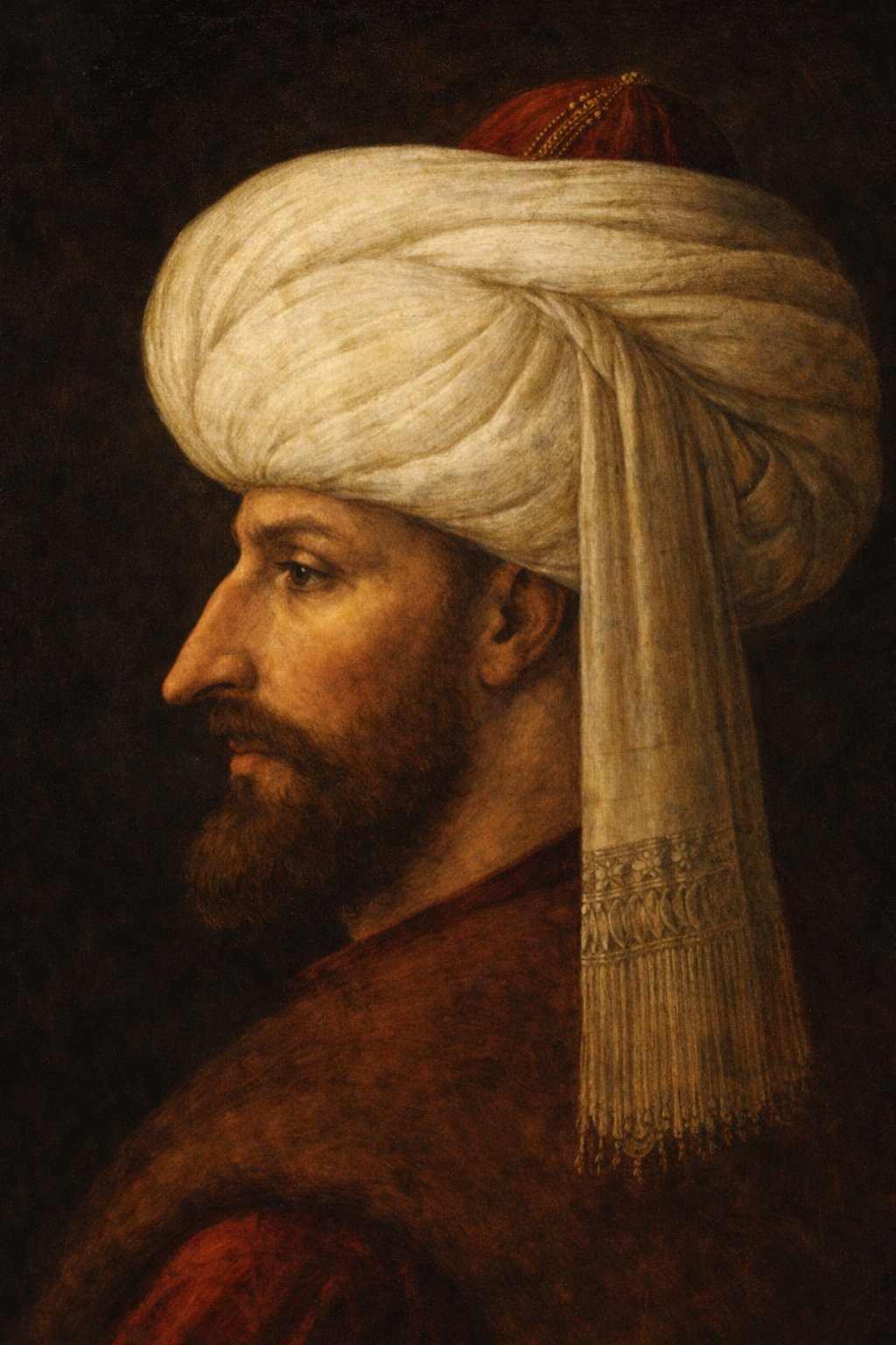 Fatih Sultan Mehmed’in yandan profilden, büyük beyaz kavuk ve sade Osmanlı kıyafetleriyle tasvir edildiği temsili portre
