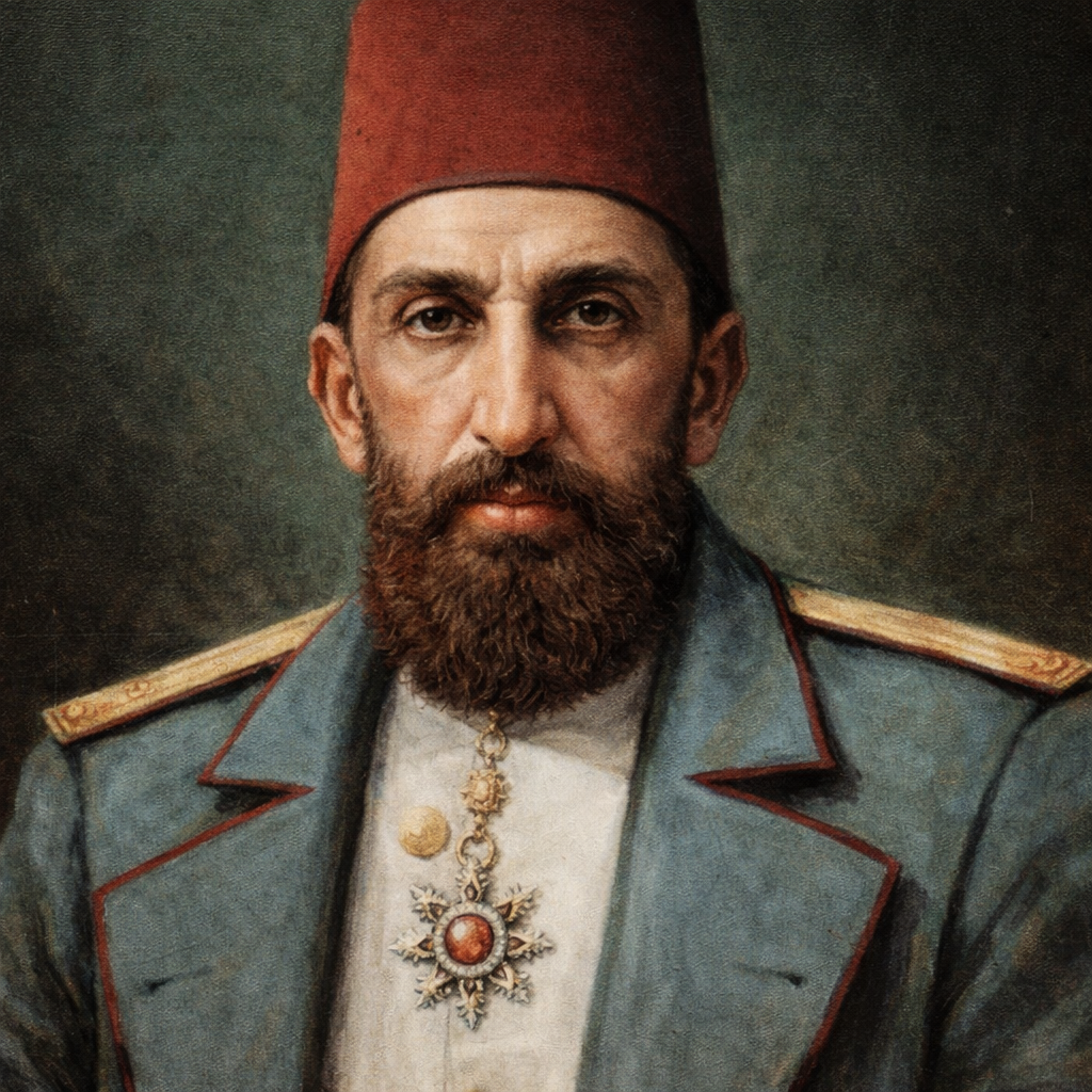 II. Abdülhamid’in kırmızı fesli, sakallı yüz hatları ve mavi askerî üniformasıyla tasvir edildiği gerçekçi Osmanlı padişah portresi