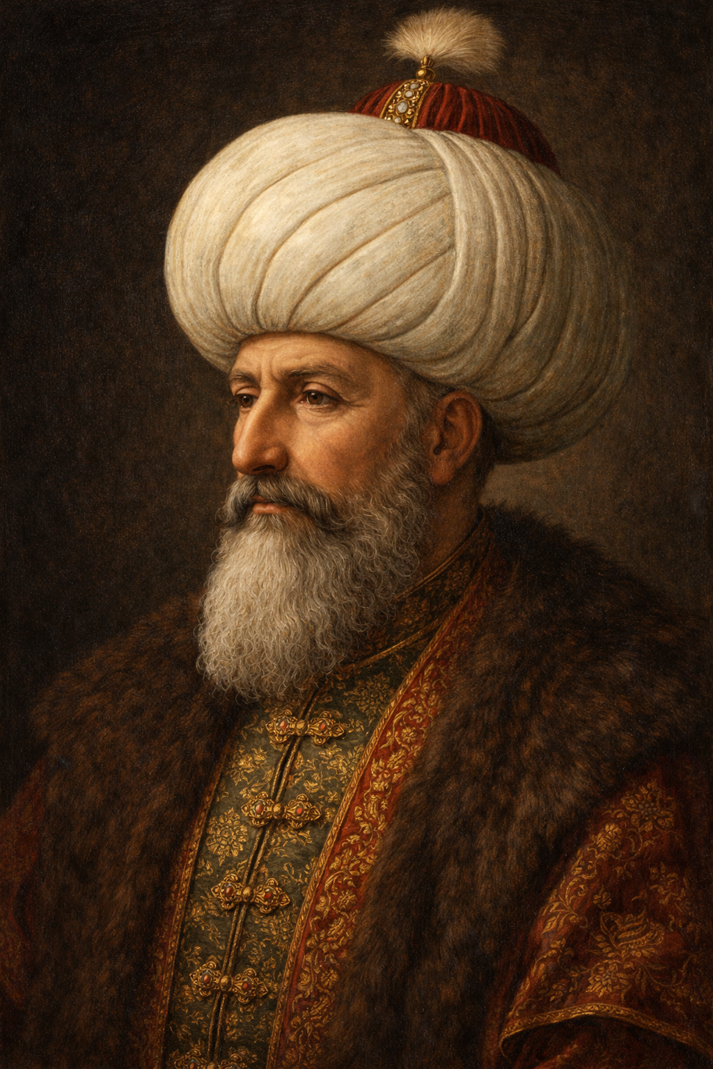 Kanuni Sultan Süleyman’ın uzun sakalı, ihtişamlı kavuk yapısı ve detaylı kaftanıyla tasvir edildiği Osmanlı padişah portresi