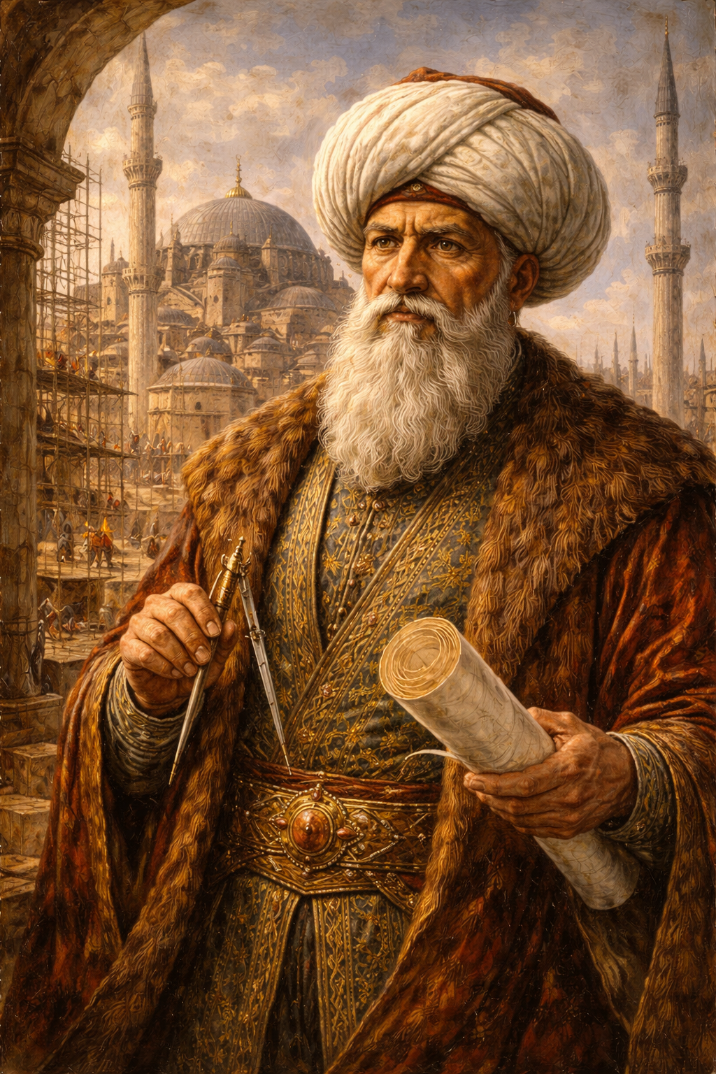 Mimar Sinan elinde pergel ve plan rulosu tutarken arka planda ustalık eseri Selimiye Camii’nin yükseldiği Osmanlı mimarisini betimleyen sanatsal tasvir.