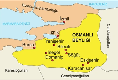 Osmanlı Beyliği’nin kuruluş dönemindeki topraklarını ve çevresindeki Bizans ile Anadolu beyliklerini gösteren tarihsel harita.