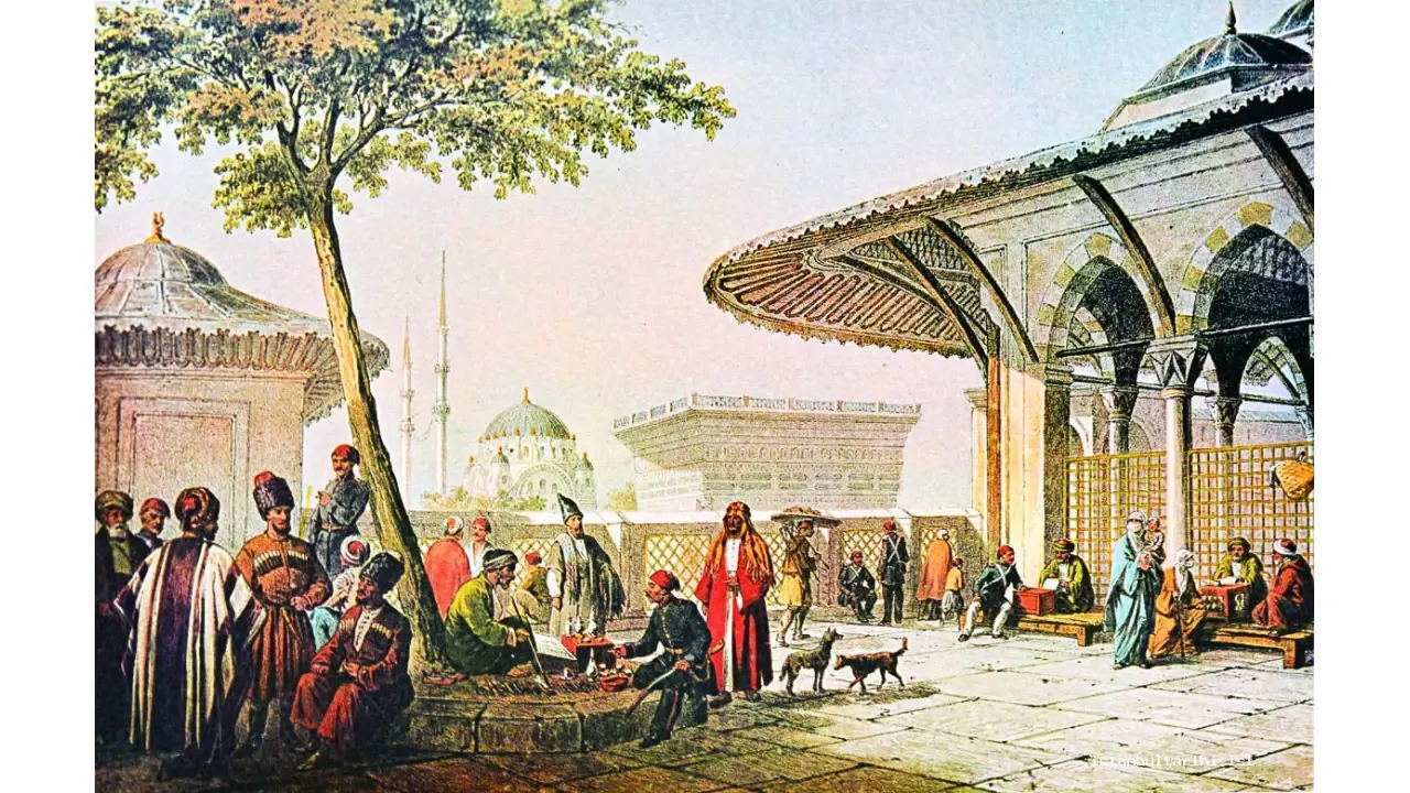 Osmanlı'da günlük yaşamda bir meydanda oturan insanlar