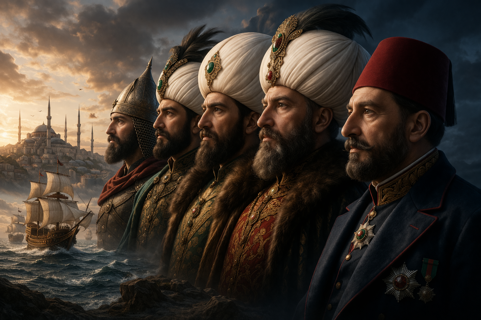 Osmanlı padişahlarının sinematik bir kompozisyonda yan yana tasvir edildiği, klasik kıyafetler ve dramatik ışıkla oluşturulmuş tarih temalı görsel