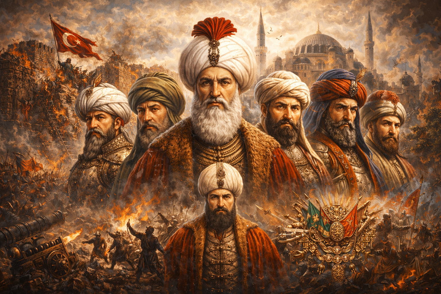 Osmanlı vezirleri, Osmanlı komutanları ve Osmanlı devlet adamlarını temsil eden tarihi figürlerin savaş ve İstanbul manzarası fonunda tasvir edildiği illüstrasyon.