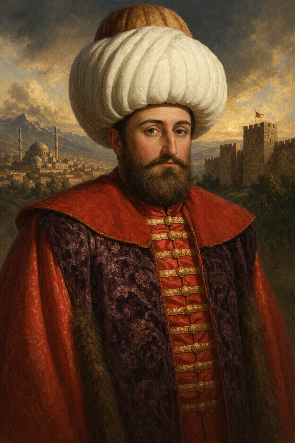 I. Murad’ı geleneksel Osmanlı kıyafetleri, büyük beyaz kavuk ve kırmızı işlemeli kaftanla gösteren temsili padişah portresi