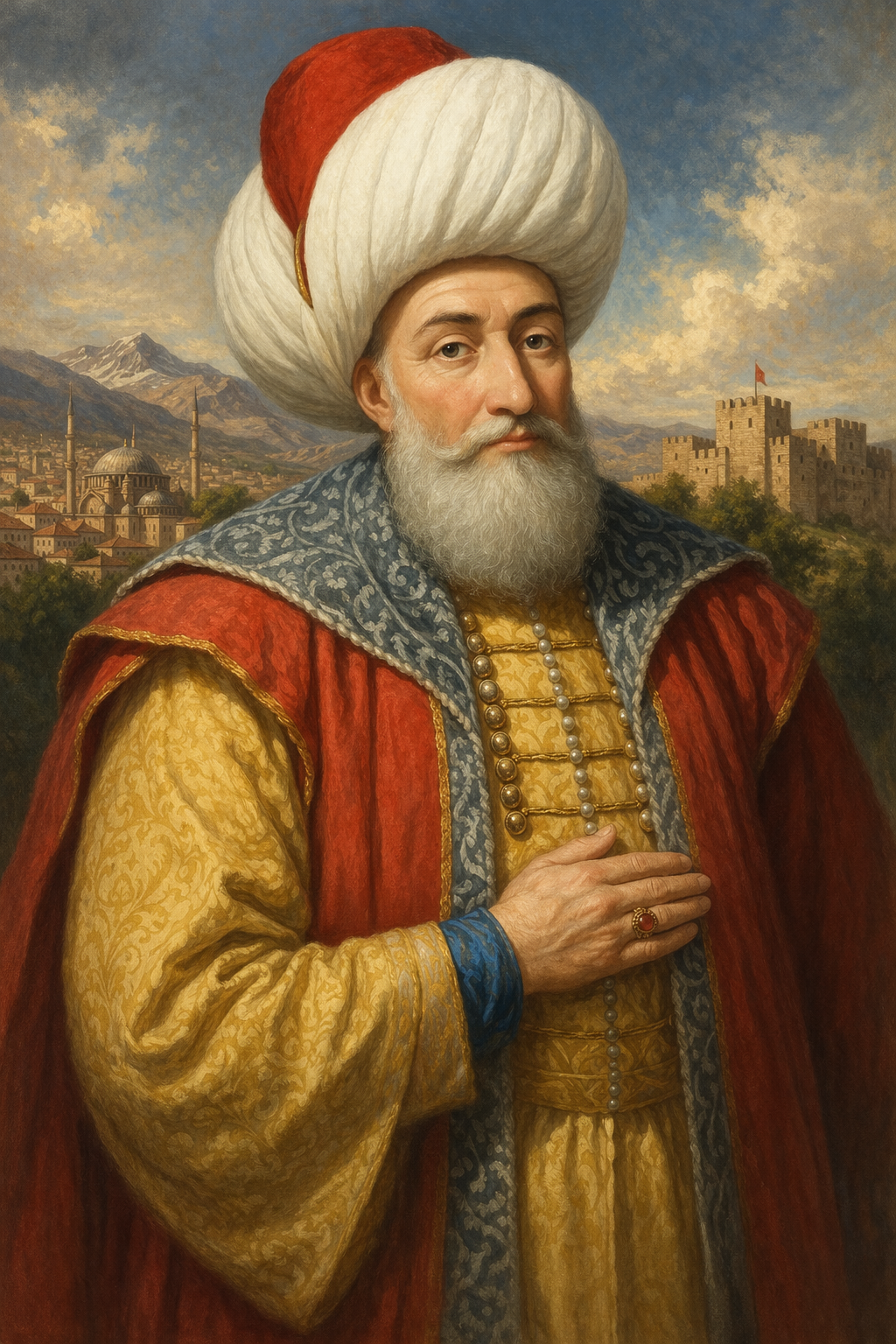 Geleneksel Osmanlı giysileri ve beyaz kavukla tasvir edilen Orhan Gazi portresi