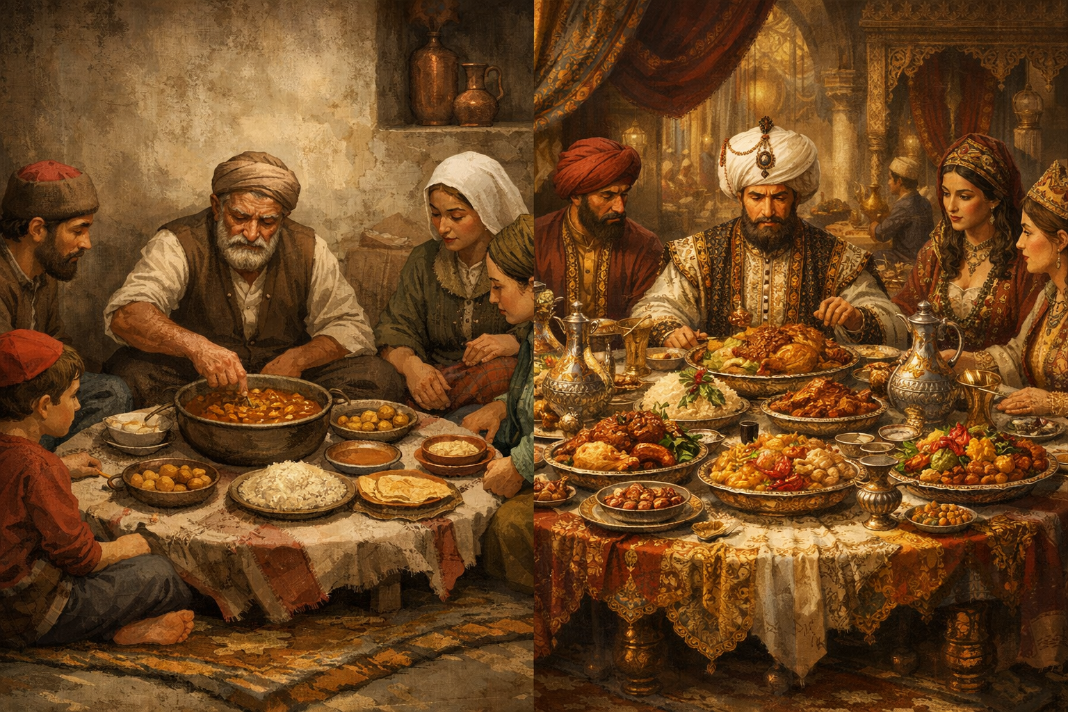 Osmanlı’da halkın sade yemek sofrası ile saraydaki zengin ve gösterişli yemeklerin karşılaştırıldığı sahne