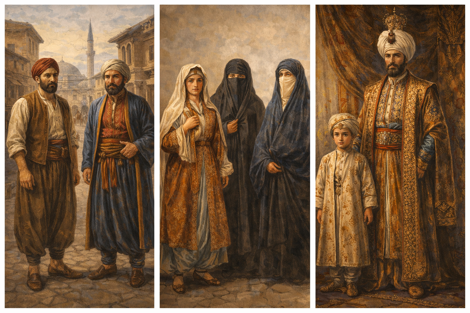 Osmanlı döneminde farklı sosyal sınıflara ait erkek ve kadınların geleneksel kıyafetleriyle tasvir edildiği sahne