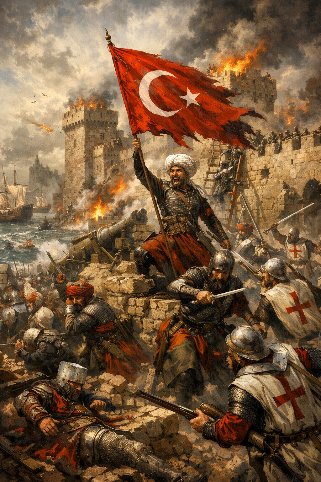 1522 Rodos Kuşatması sırasında Osmanlı askerlerinin kale surları önünde savaştığı ve Osmanlı bayrağının yükseldiği dramatik tarihsel savaş sahnesini tasvir eden illüstrasyon.