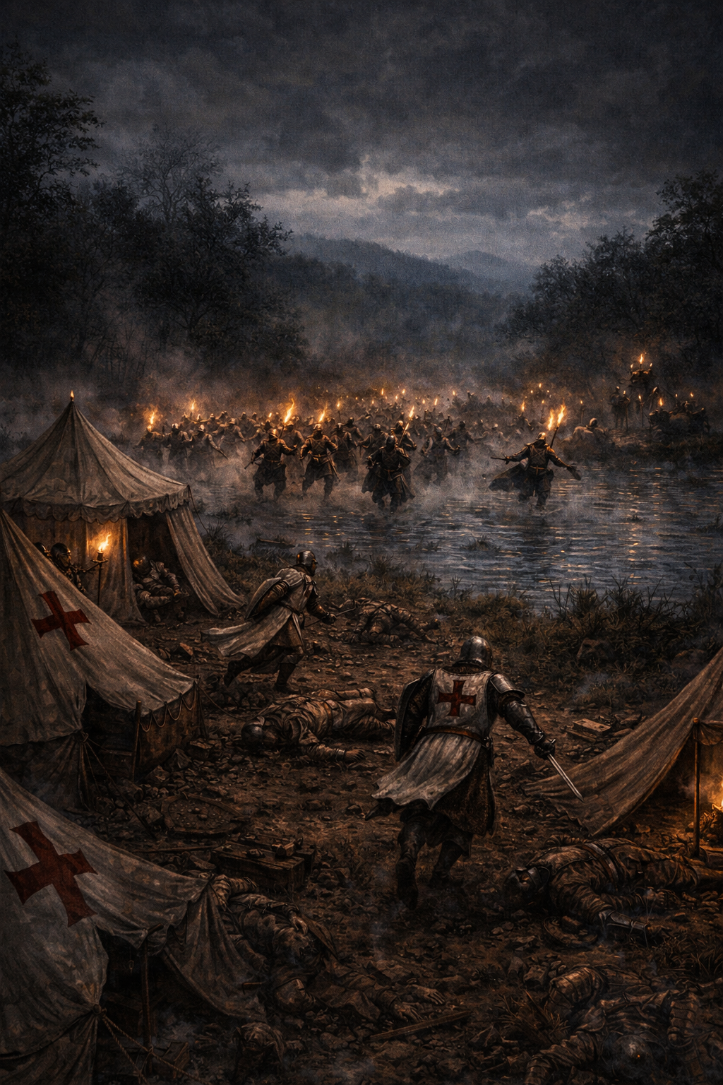 Sırpsındığı Savaşı’nda gece baskını yapan Osmanlı askerlerini ve düşman kampına yapılan ani saldırıyı gösteren tarihî savaş sahnesi.