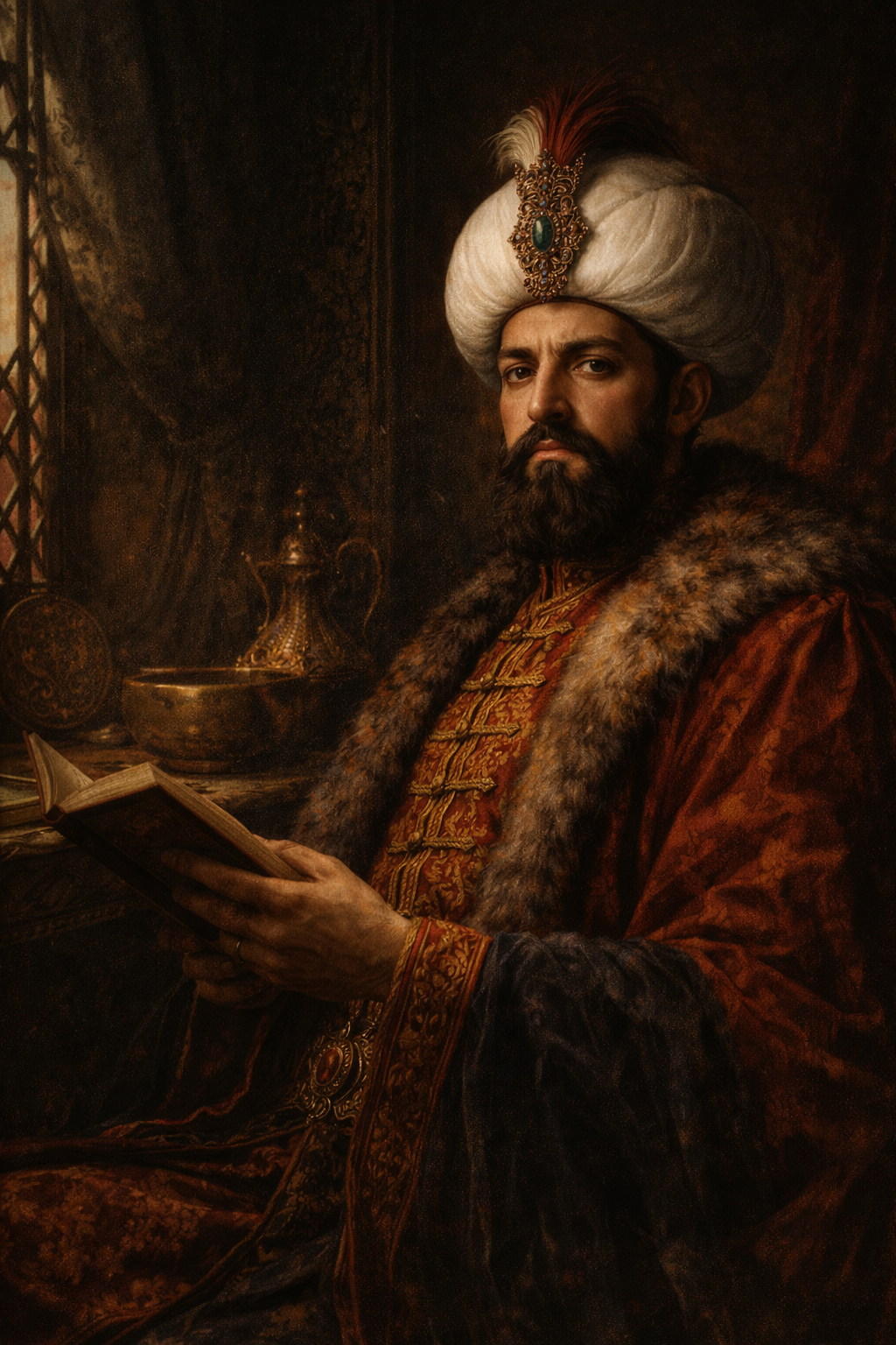 I. Ahmed’in işlemeli kırmızı kaftanı, beyaz kavuklu başlığı ve elindeki kitapla tasvir edildiği farklı üsluplu Osmanlı padişah portresi