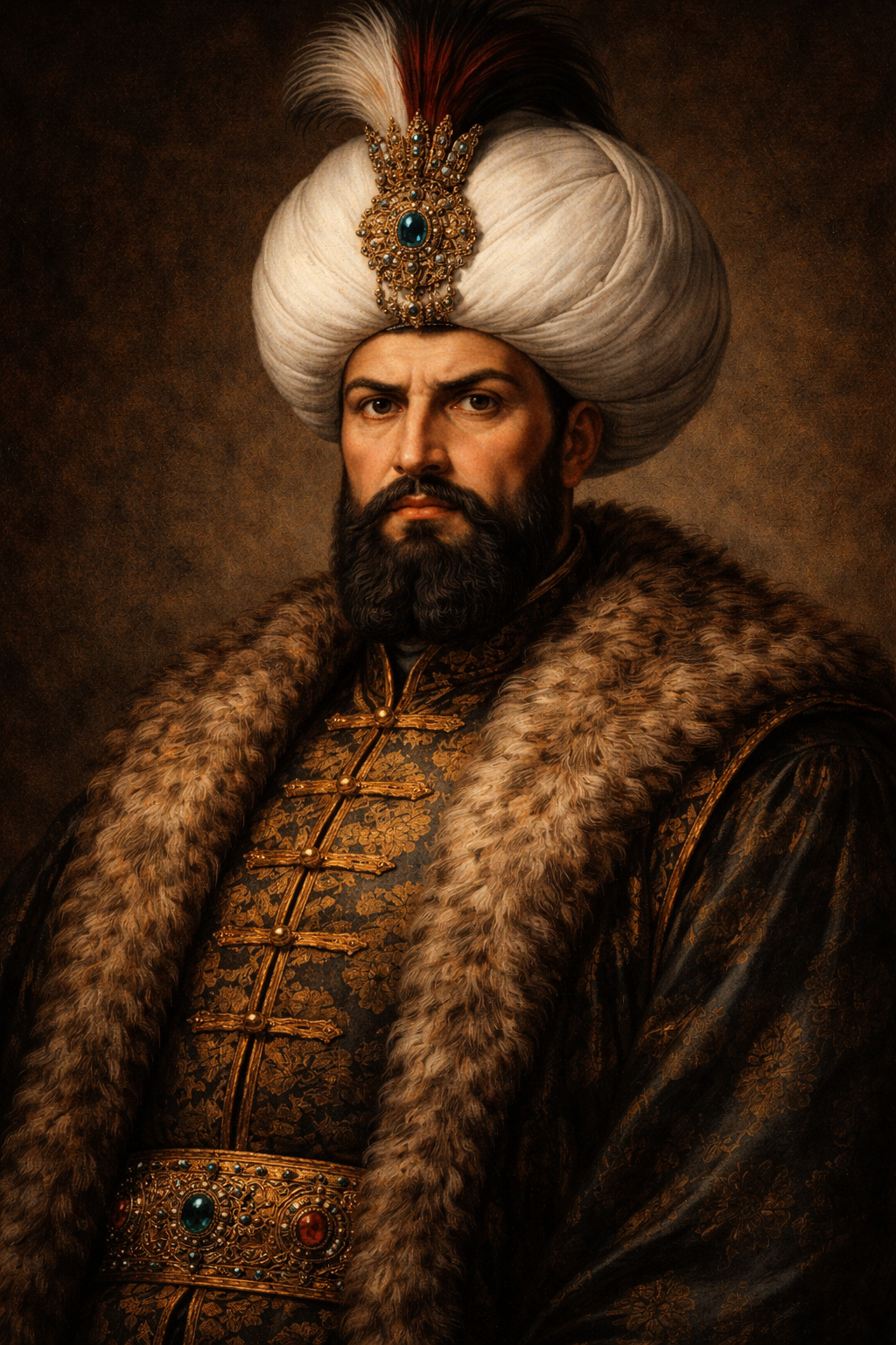 IV. Murad’ın sert bakışları, güçlü yüz hatları ve ihtişamlı Osmanlı kıyafetleriyle tasvir edildiği gerçekçi padişah portresi