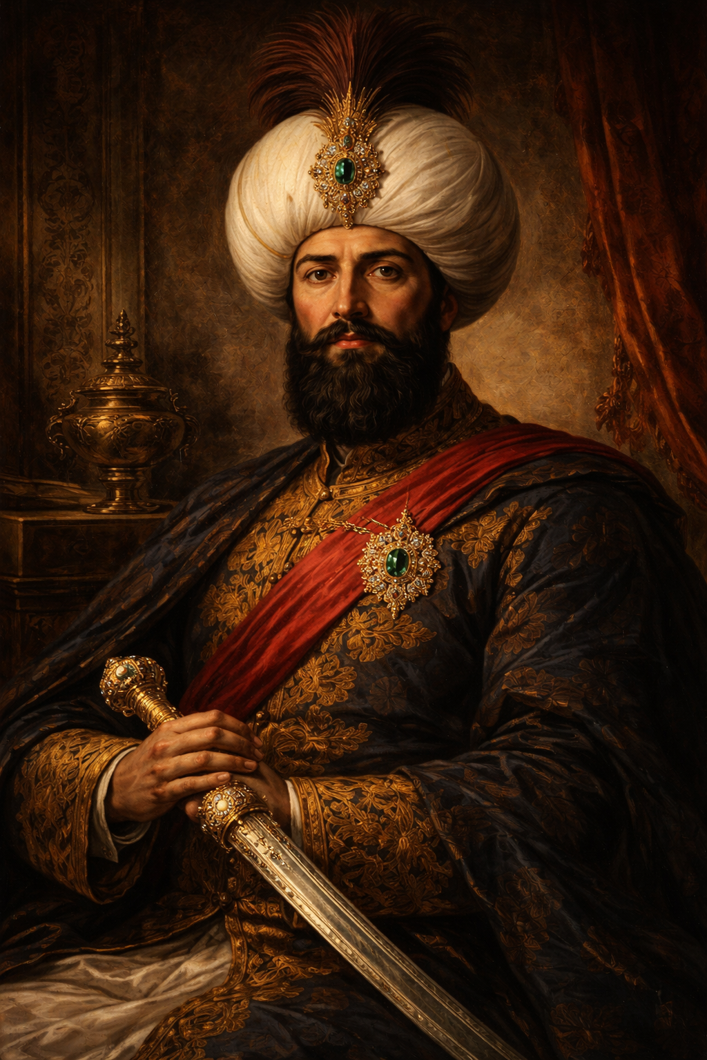 II. Mahmud’un güçlü bakışları, işlemeli kaftanı, büyük kavuk başlığı ve elinde tuttuğu kılıçla tasvir edildiği gerçekçi Osmanlı padişah portresi