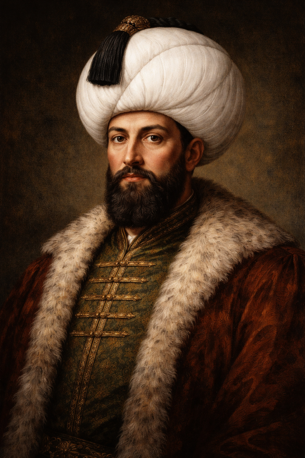 III. Murad’ın gerçekçi yüz hatları, beyaz kavuk ve kürk detaylı kaftanıyla tasvir edildiği Osmanlı padişah portresi