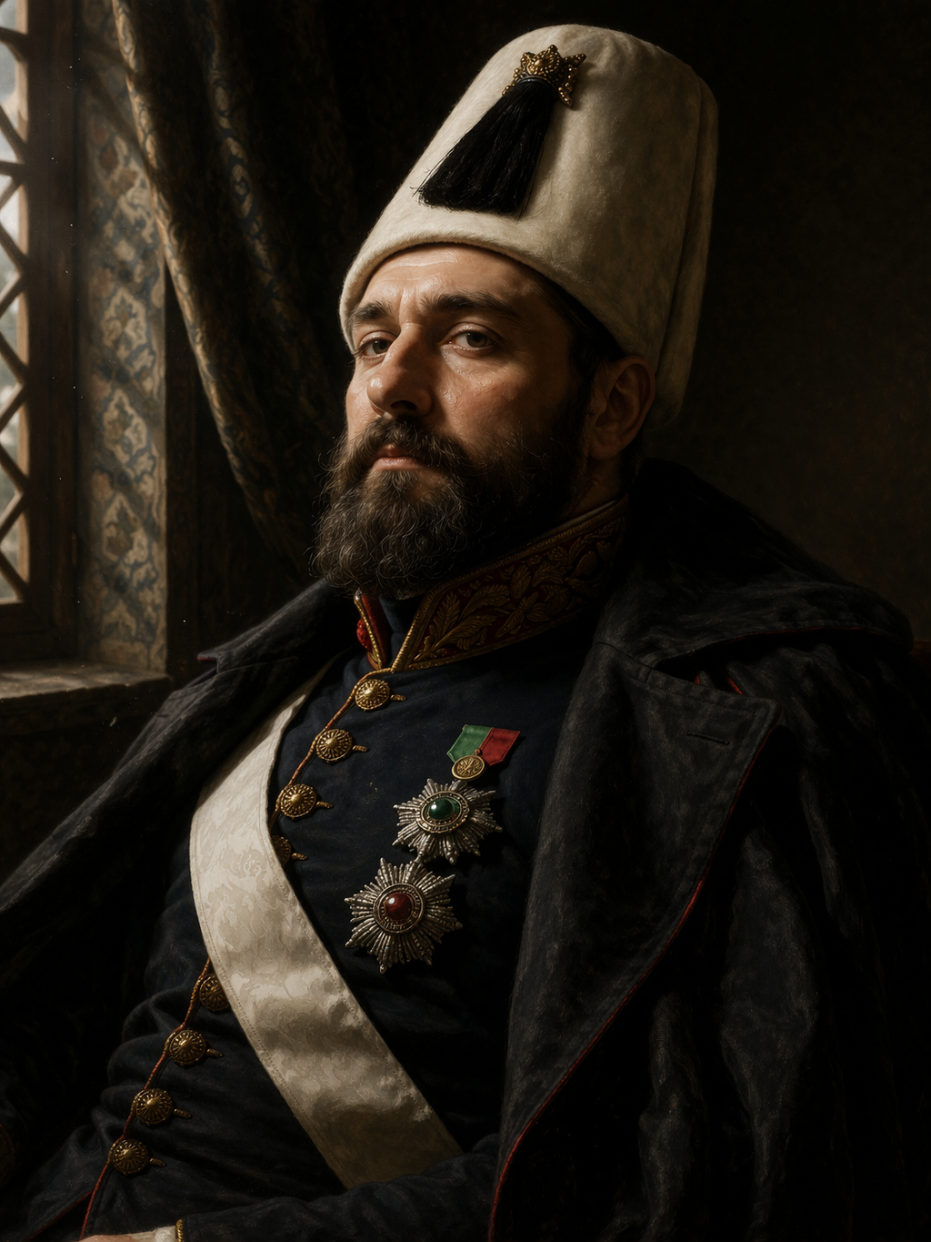 III. Selim’in fesli, koyu renk resmî kıyafetli ve masa başında kalem tutarken tasvir edildiği farklı üsluplu Osmanlı padişah portresi