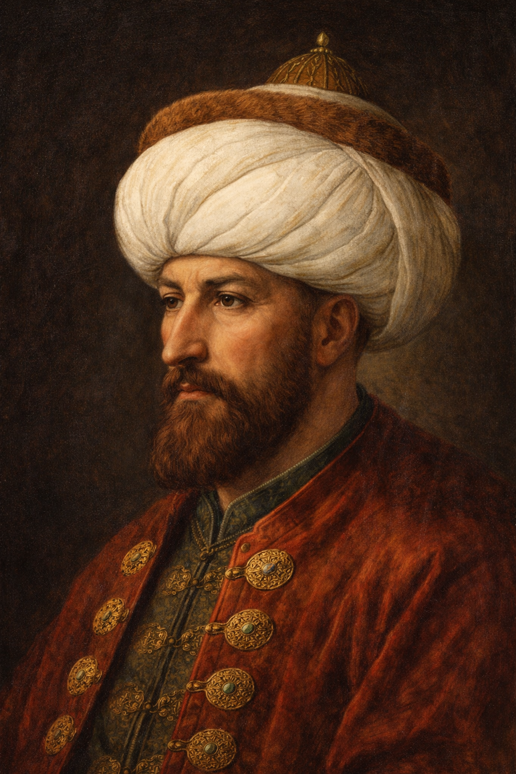 Yavuz Sultan Selim’in sert bakışları, güçlü yüz hatları ve klasik Osmanlı kıyafetleriyle tasvir edildiği padişah portresi