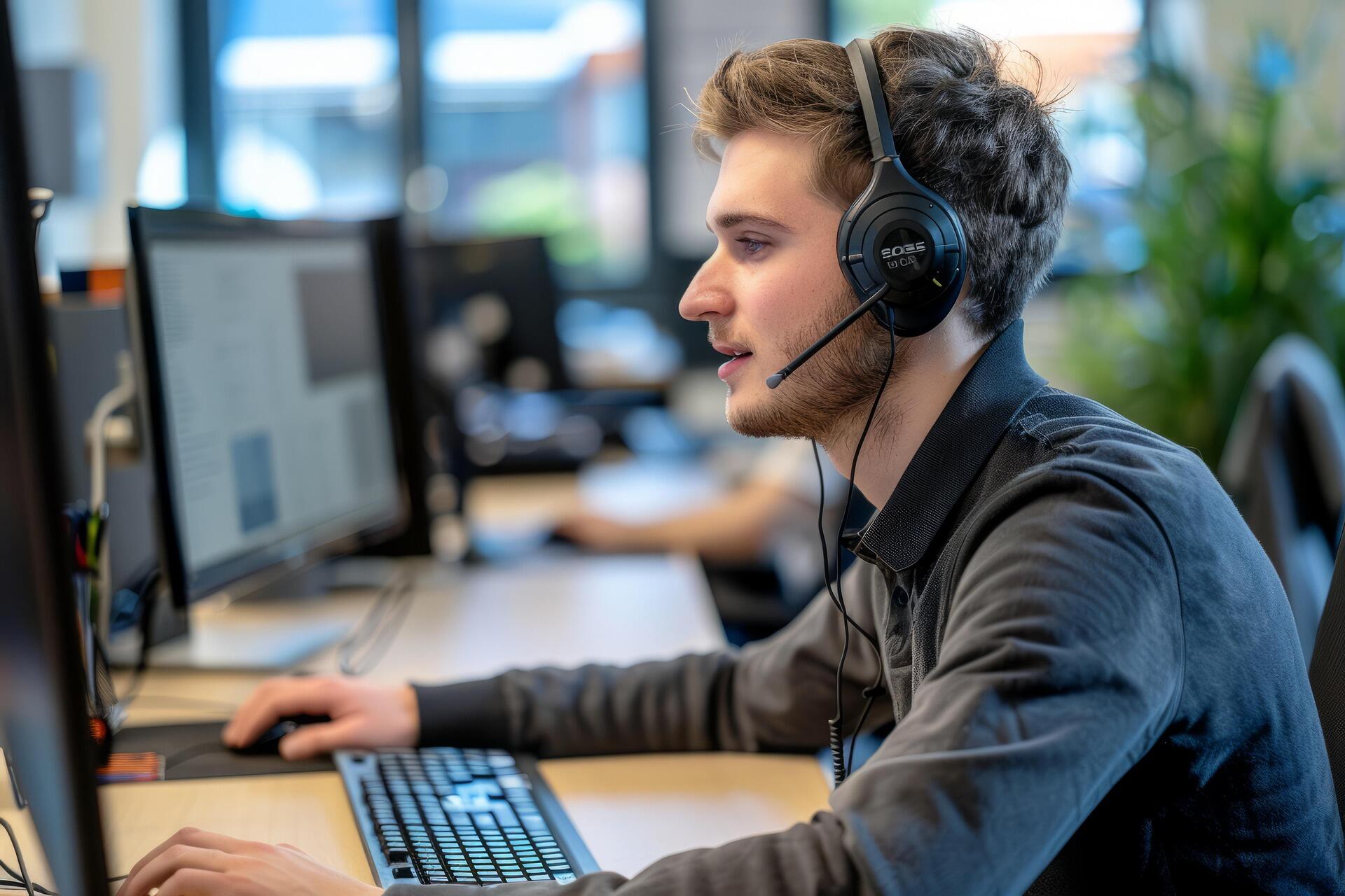 Modern bir ofis ortamında, kulaklığıyla bilgisayar başında odaklanmış bir şekilde çalışan genç erkek Superprof müşteri hizmetleri ve teknik destek uzmanı.