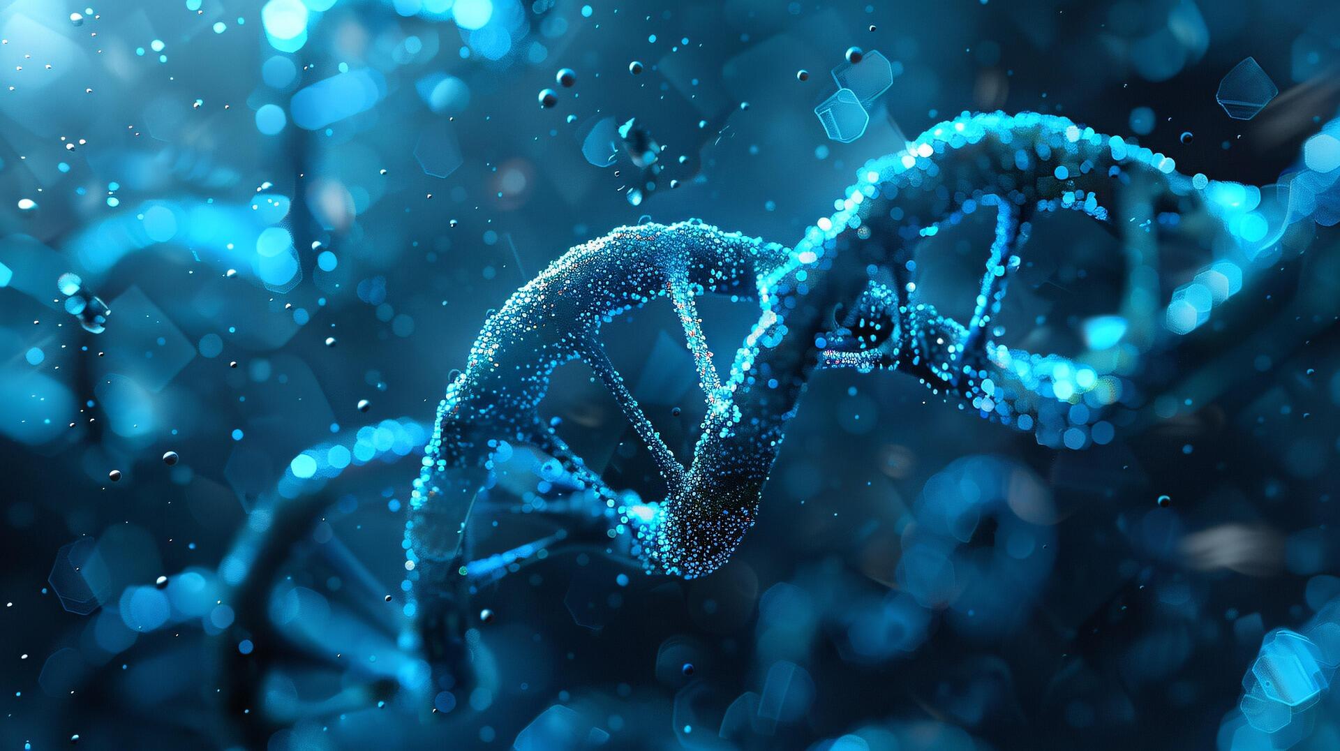Mavi ışık efektleriyle parlayan estetik çift sarmallı DNA yapısı; genetik bilimi ve biyoloji konularını simgeleyen modern dijital illüstrasyon.