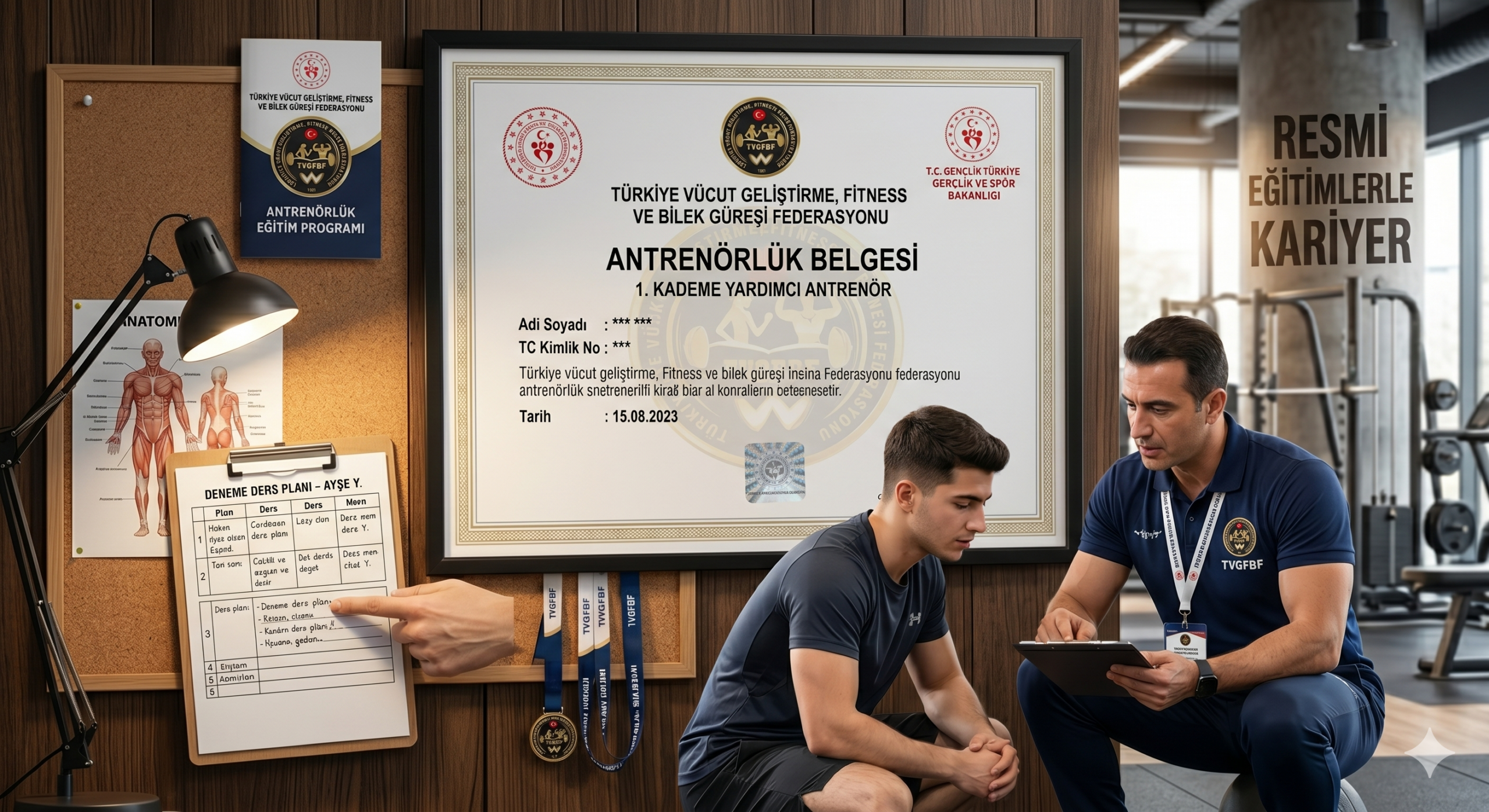 Türkiye Vücut Geliştirme, Fitness ve Bilek Güreşi Federasyonu onaylı, isim ve T.C. numarası gizlenmiş 1. Kademe Yardımcı Antrenörlük Belgesi.