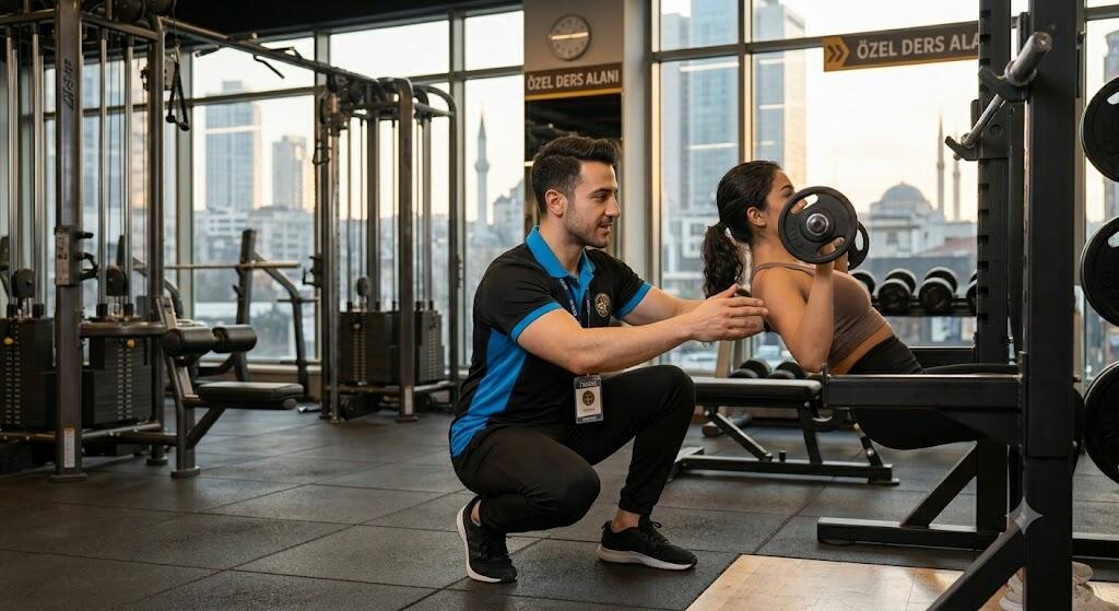 Profesyonel bir erkek fitness koçu, modern bir spor salonunda (TVGFBF arması ve credentials lanyardı ile) bir kadın danışanına bench press formunu gösterirken.