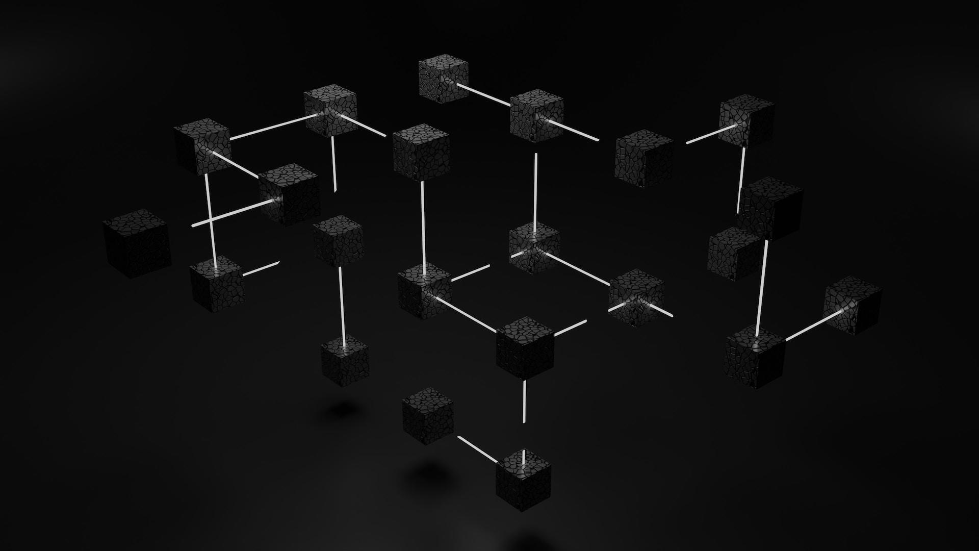 Blockchain kavramının 3 boyutlu illüstrasyonu, birbirine bağlı bloklar.
