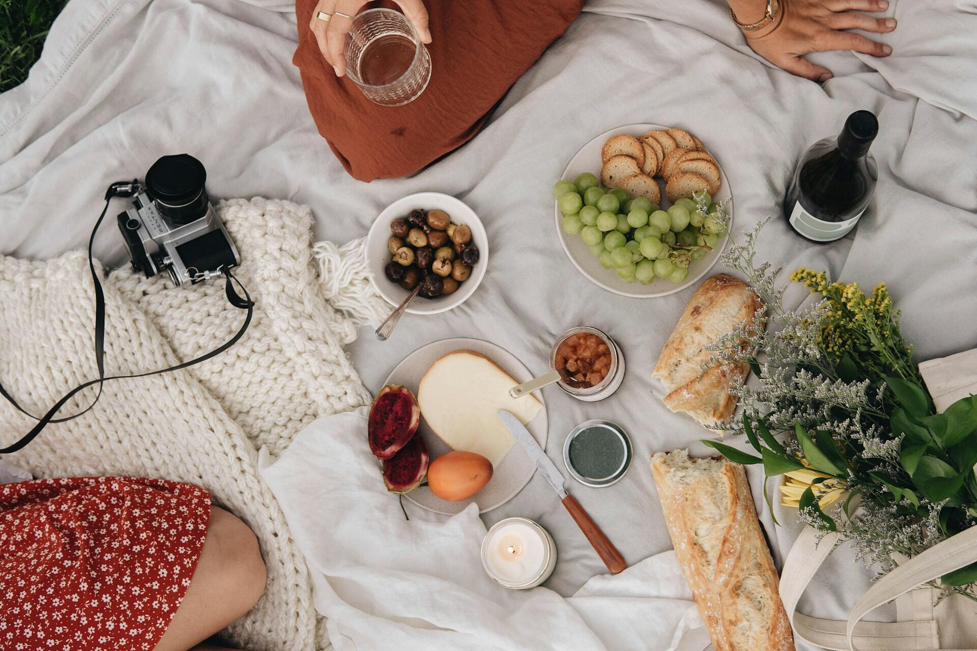 food on the blanket outside