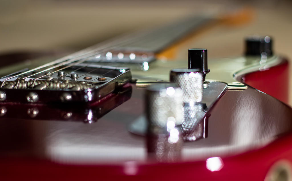 The body and strings of an electric guitar.