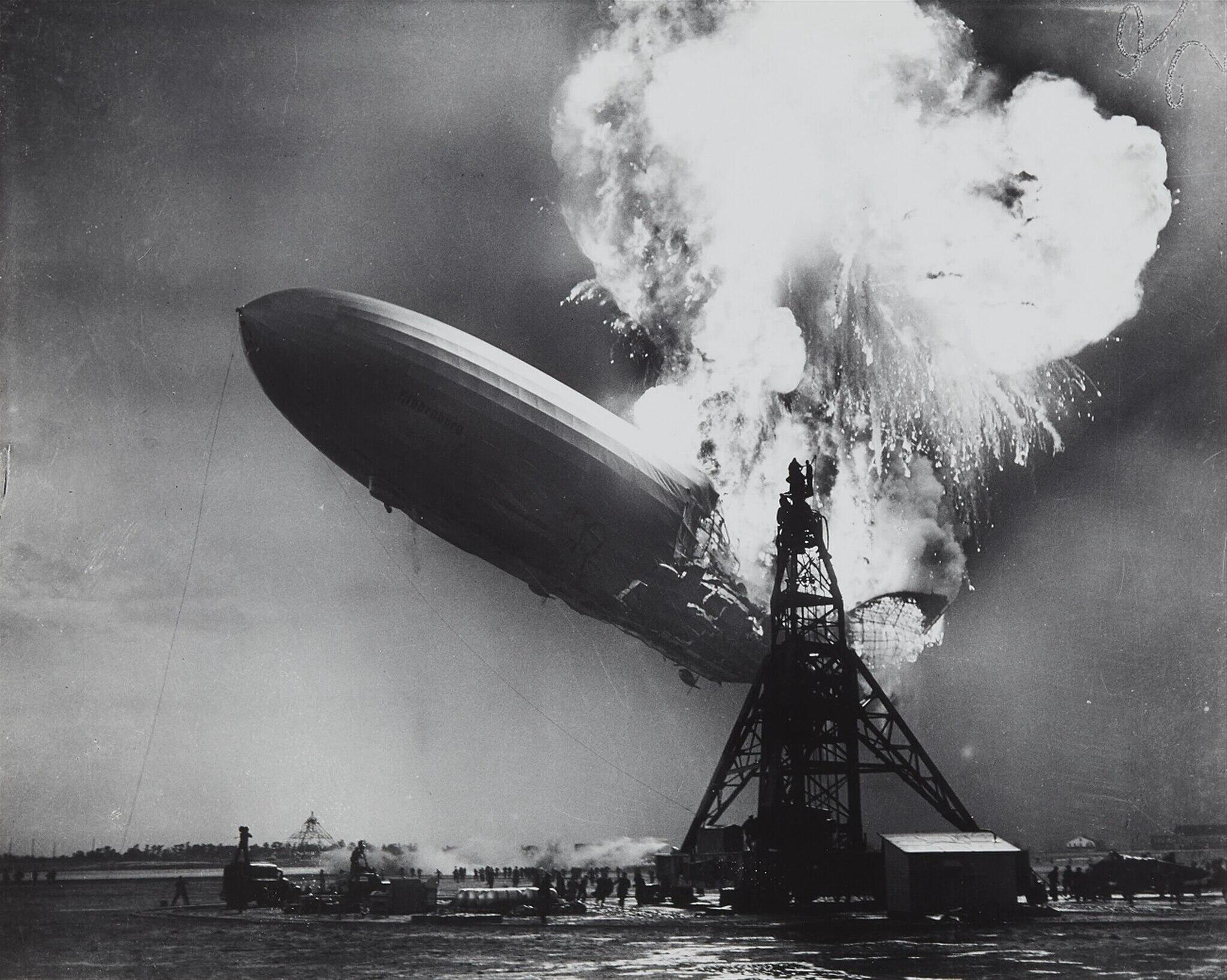 Hindenburg disaster in a black and white photo.